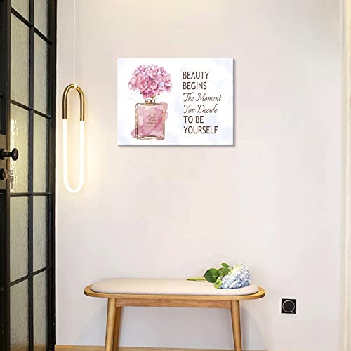 arteWOODS Fashioner Perfume Canvas Wall Art Gold Bottle Pink Flower Canvas Pictures Brown Inspirational Words Canvas Prints Motivational Quetos Wall Decor for Bathroom Bedroom Powder Room 16" X 12"